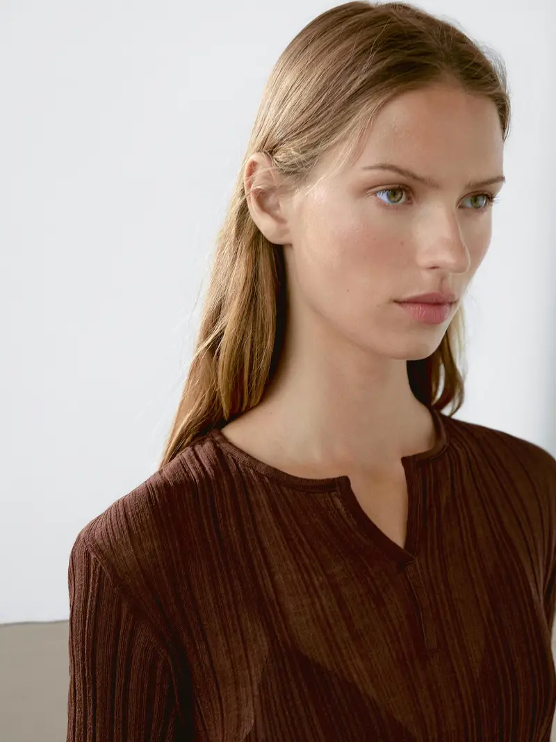 Maglietta A Costine A Maniche Lunghe - Rosso Vino - M - Massimo Dutti - Femminile