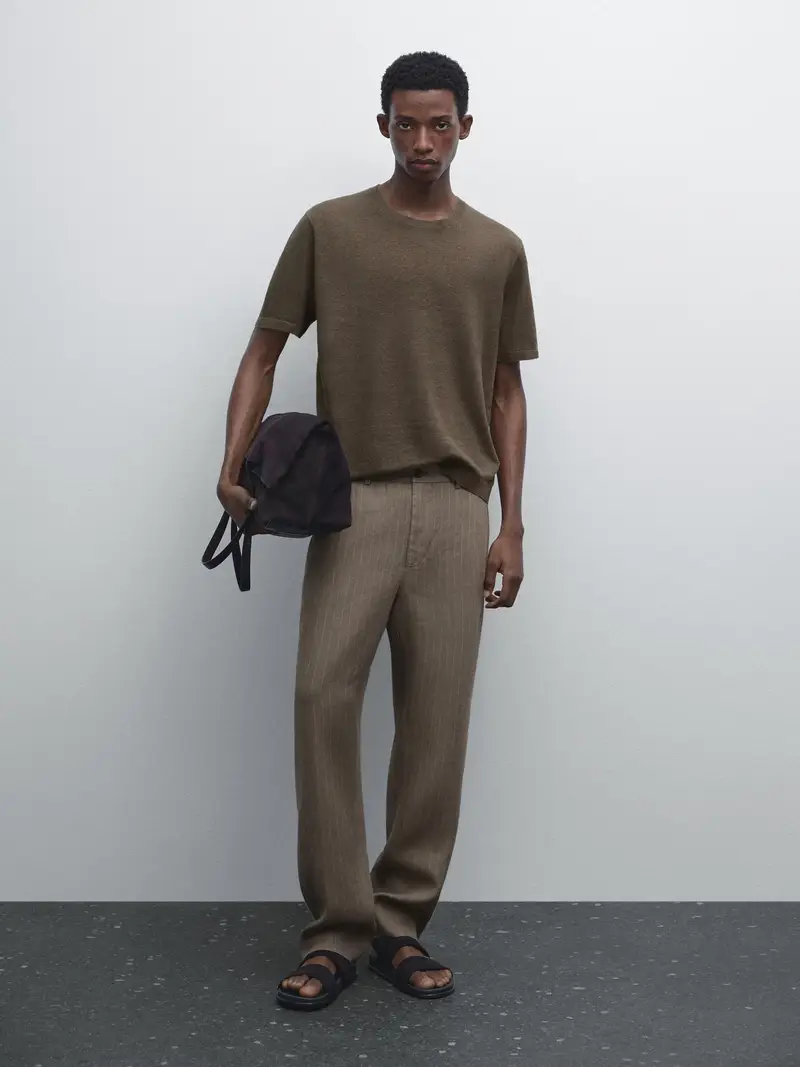 Maglietta In Maglia A Maniche Corte 100% Lino - Moca - Xl - Massimo Dutti - Maschile