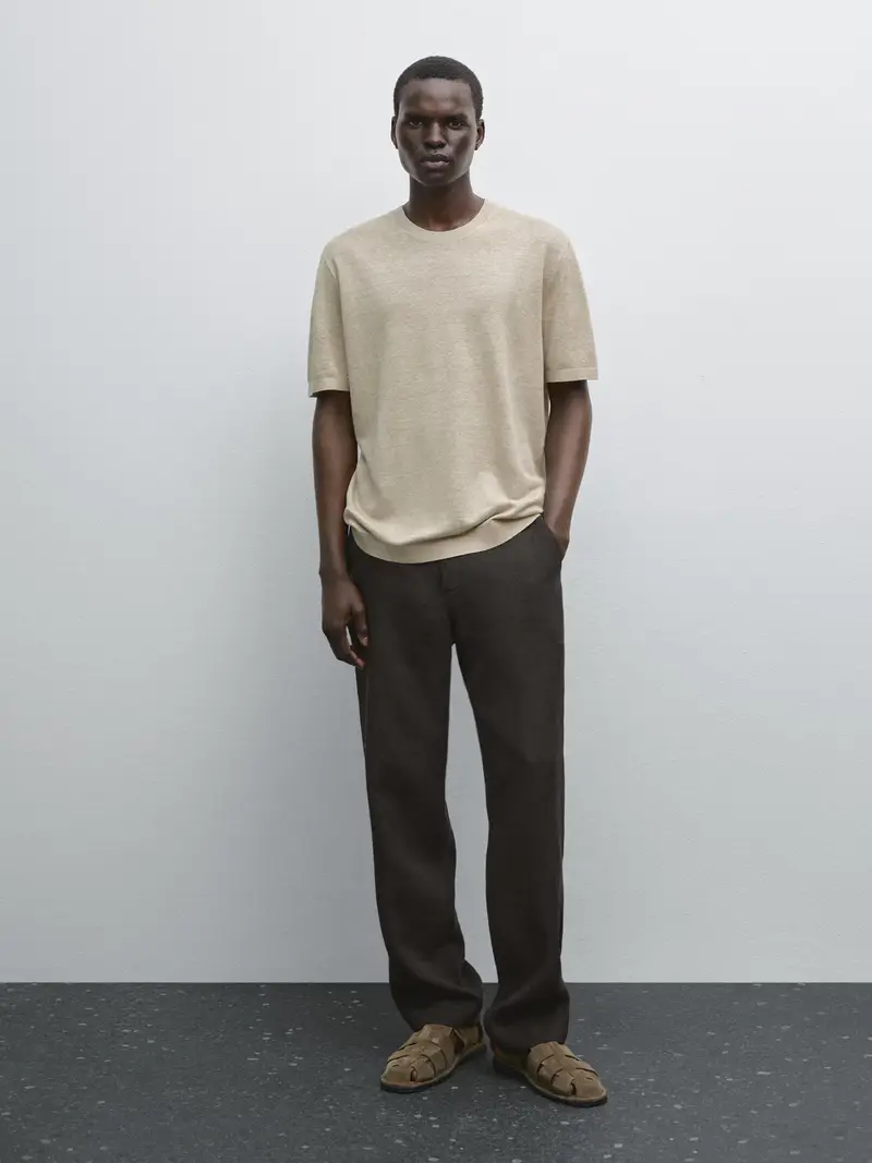 Maglietta In Maglia A Maniche Corte 100% Lino - Pietra - L - Massimo Dutti - Maschile