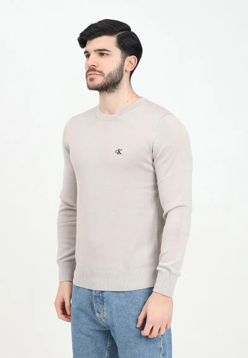 Maglioncino girocollo beige da uomo con logo