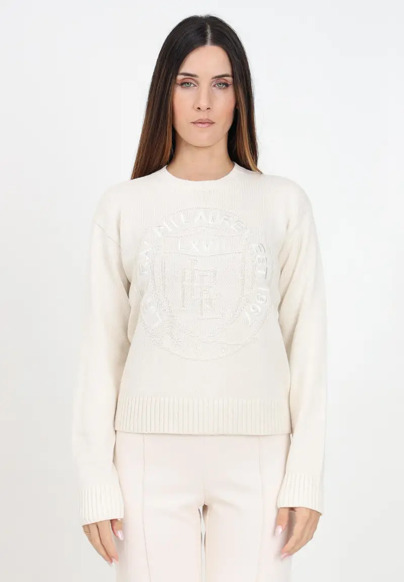 Maglioncino girocollo burro da donna con ricamo logo