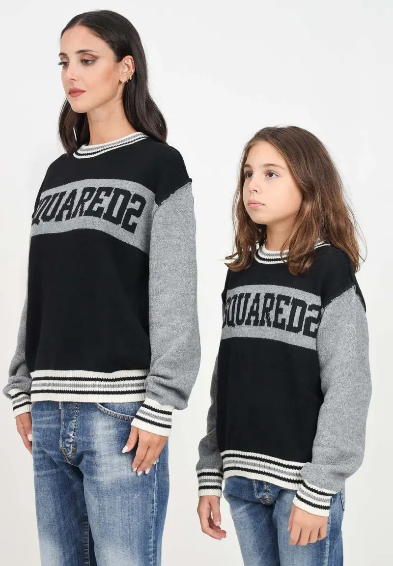 Maglioncino girocollo grigio e nero per donna e bambina con ricamo logo