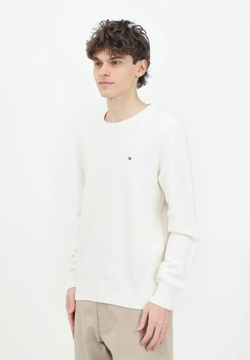 Maglioncino girocollo panna da uomo con ricamo logo