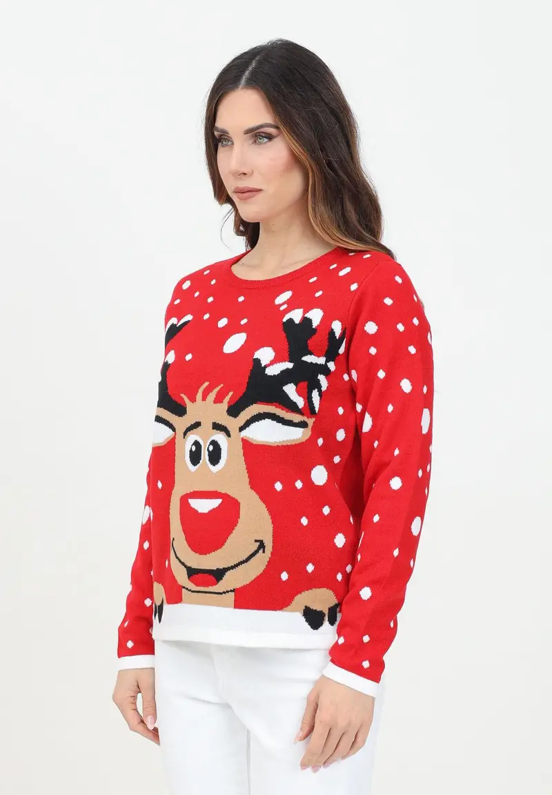 Maglioncino girocollo rosso da donna con renna