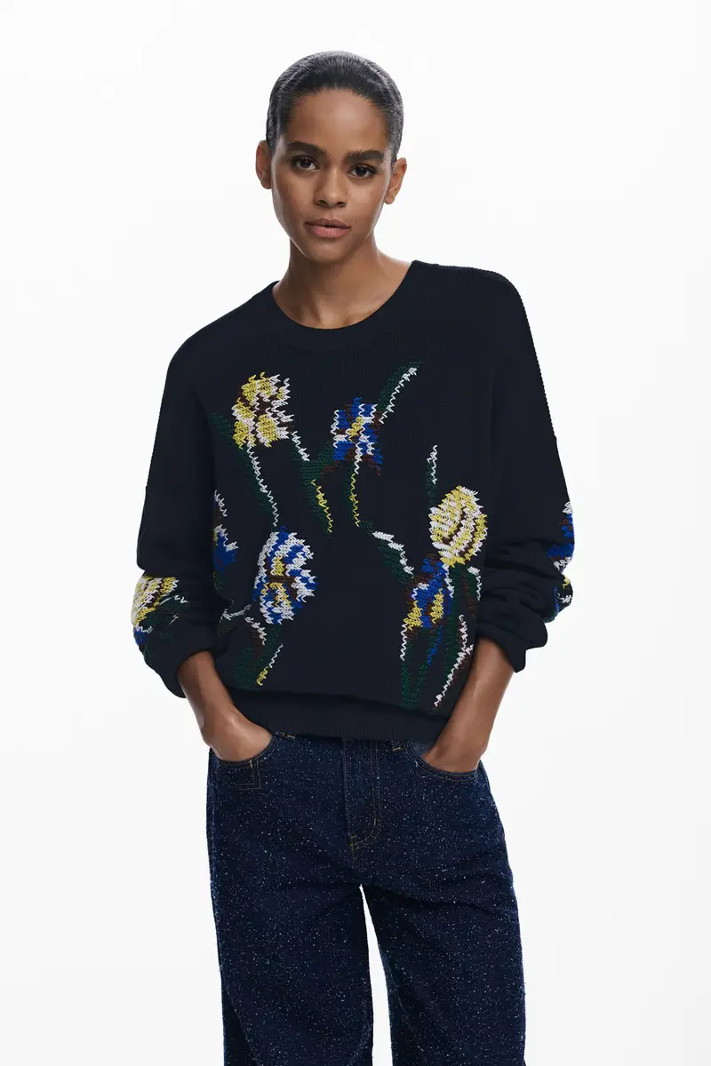 Maglione jacquard con fiori ricamati