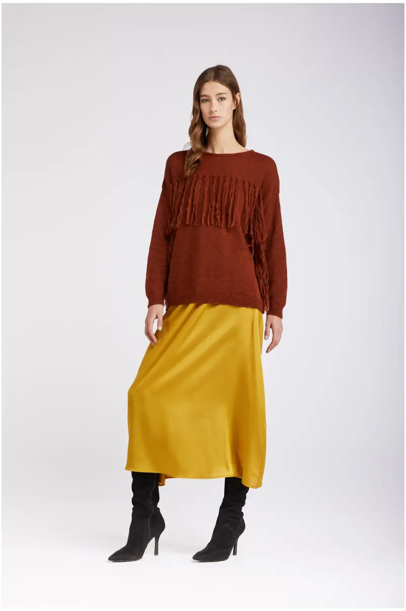 maglione mistoalpaca con frange alle maniche e davanti tabacco xs