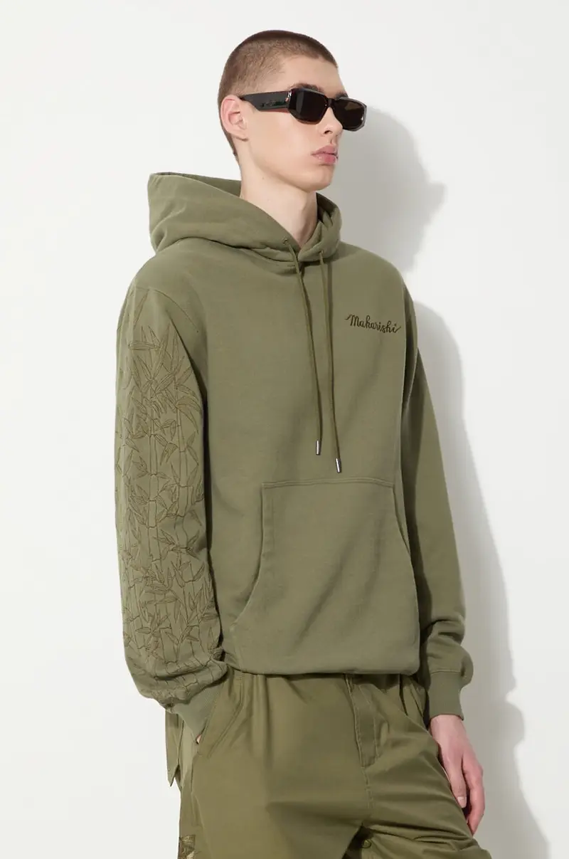 felpa in cotone Dragon Bamboo Hooded Sweat uomo colore verde con cappuccio con applicazione 5075.OLIVE