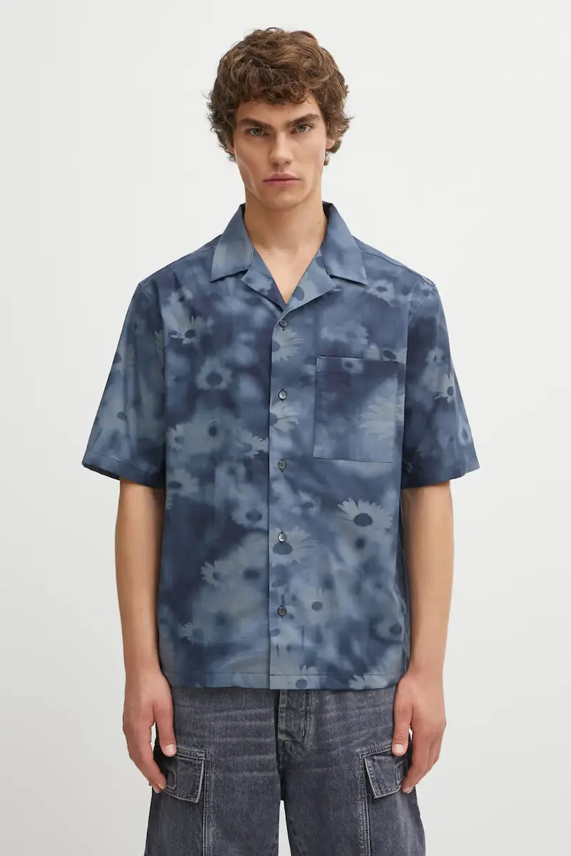 camicia in cotone Resort uomo colore blu OM00421WW9054