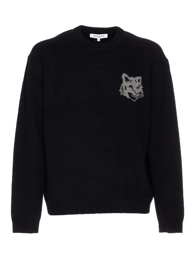Maglione con intarsio testa di volpe nera Nero