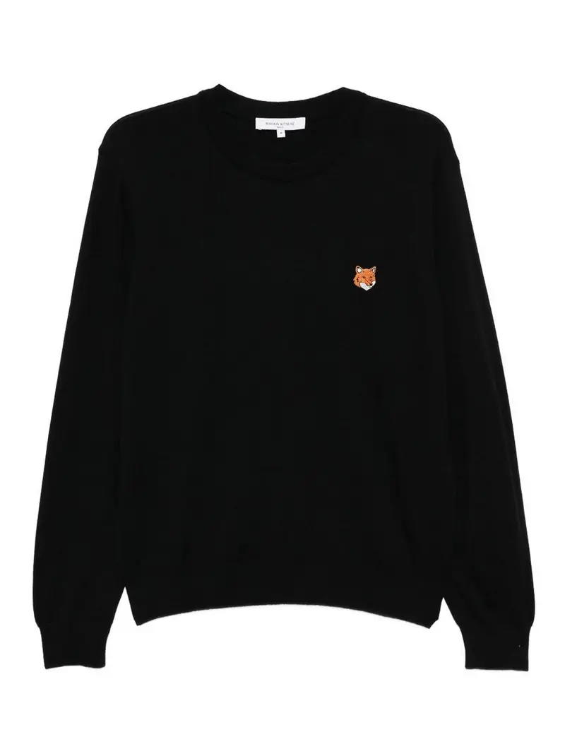 Maglione girocollo in lana con testa di volpe Nero