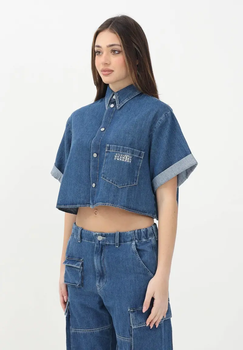 MAISON MARGIELA Camicia in denim azzurro per donna, ragazze e bambine con maniche corte e risvolto