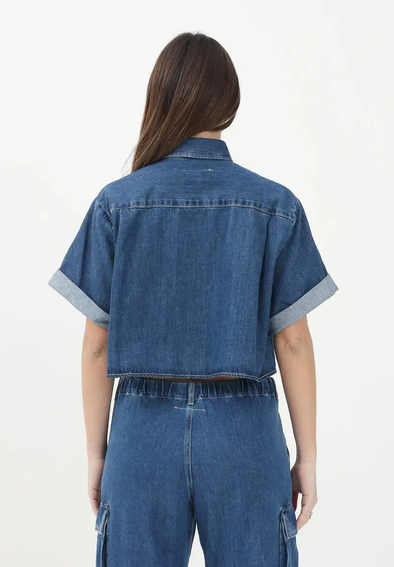 MAISON MARGIELA Camicia in denim azzurro per donna, ragazze e bambine con maniche corte e risvolto miniatura 2