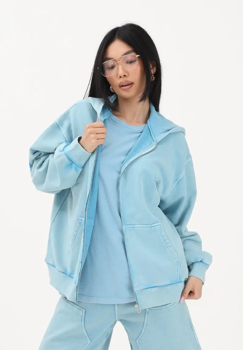 Felpa con zip azzurra per donna, ragazzi e bambini rifinita da logo miniatura 2