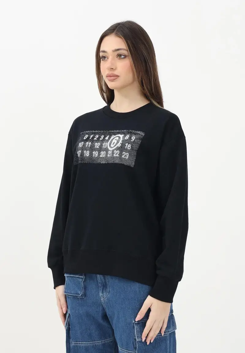 MAISON MARGIELA Felpa girocollo nera per donna, ragazzi e bambini con logo numerico Pixel