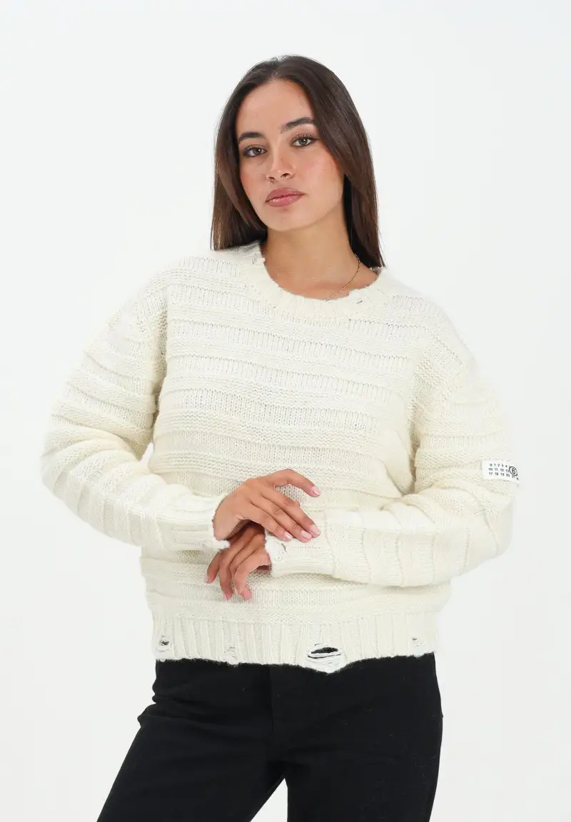 Maglioncino girocollo panna per donna, ragazzi e bambini in misto lana a coste con rotture miniatura 2