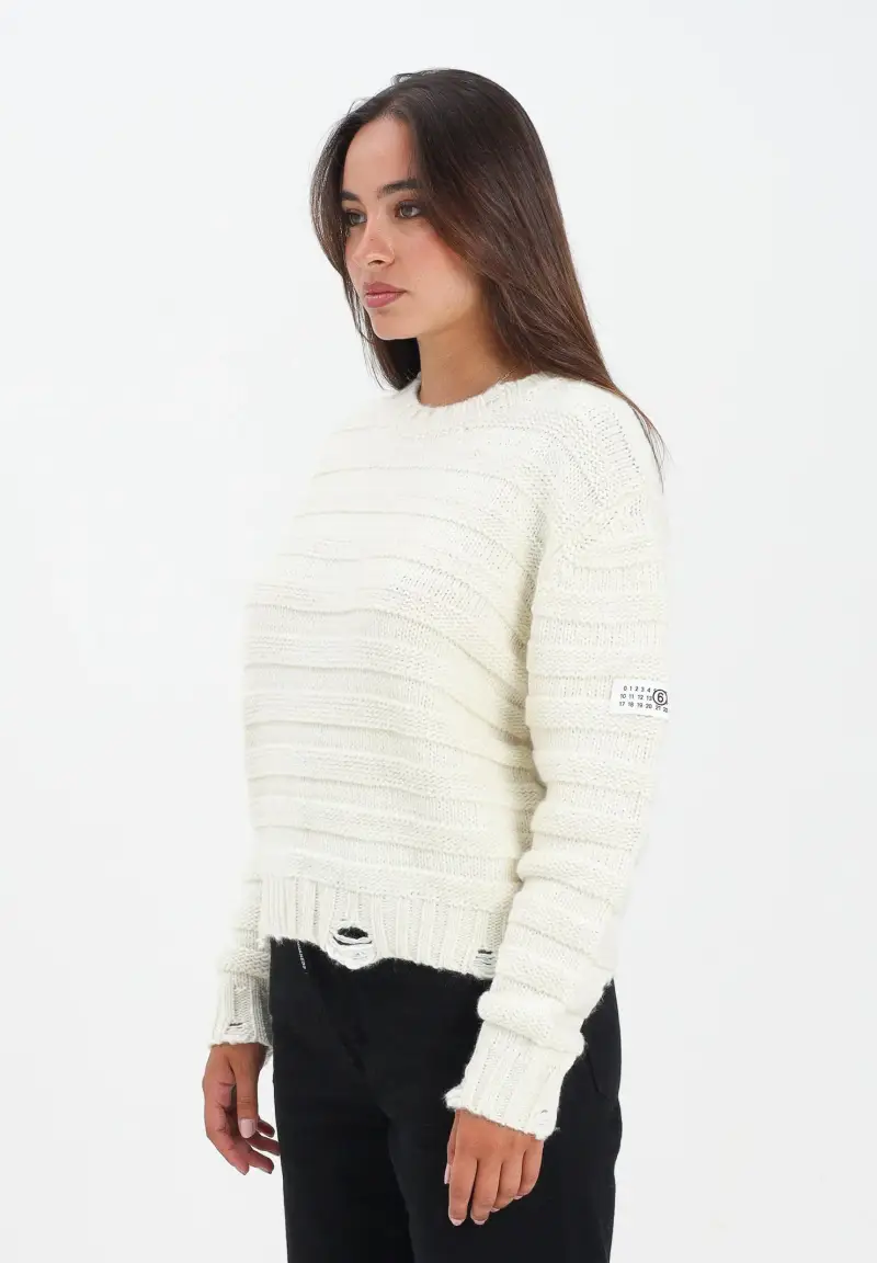 Maglioncino girocollo panna per donna, ragazzi e bambini in misto lana a coste con rotture