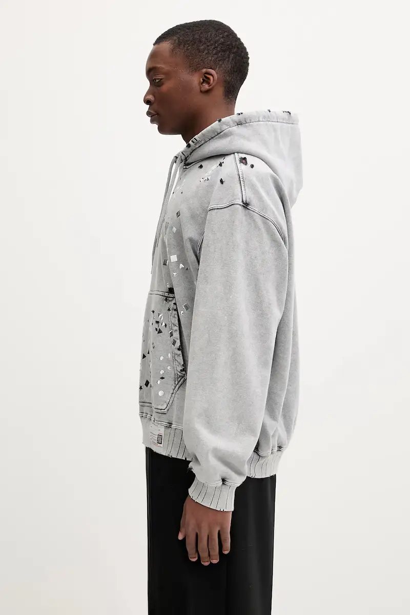 felpa in cotone uomo colore grigio con cappuccio con applicazione A15HD561 miniatura 2