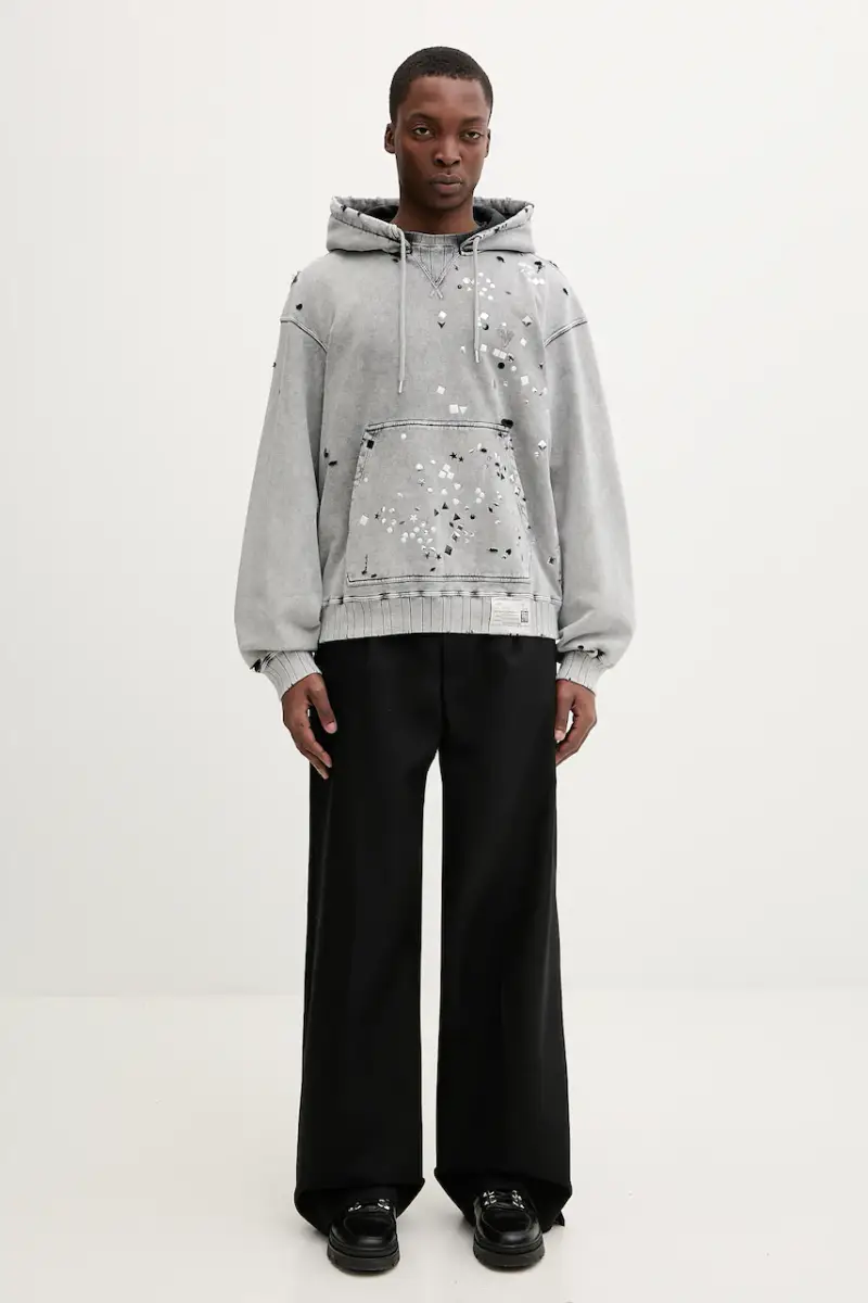 felpa in cotone uomo colore grigio con cappuccio con applicazione A15HD561 miniatura 5