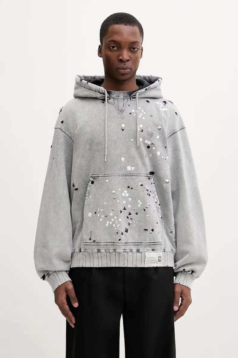 felpa in cotone uomo colore grigio con cappuccio con applicazione A15HD561