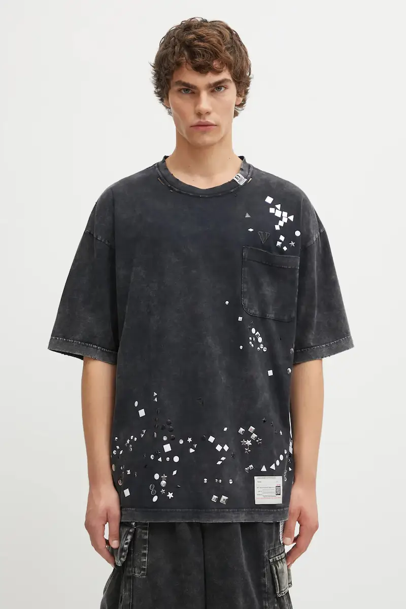 t-shirt in cotone EMBELLISHED BLEACHED uomo colore nero con applicazione A15TS631