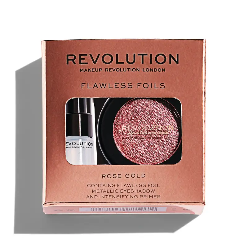 Set Makeup Revolution Flawless Foils Vegano Primer per Ombretti 2 ml + Flawless Foils Vegano Palette di Ombretti Rose Gold 2 g