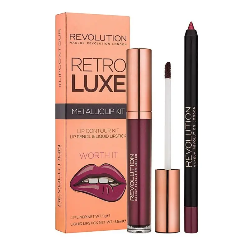Set Makeup Revolution Rossetto Liquido Metallico Retro Luxe da 55 ml + matita labbra Retro Luxe da 1 g