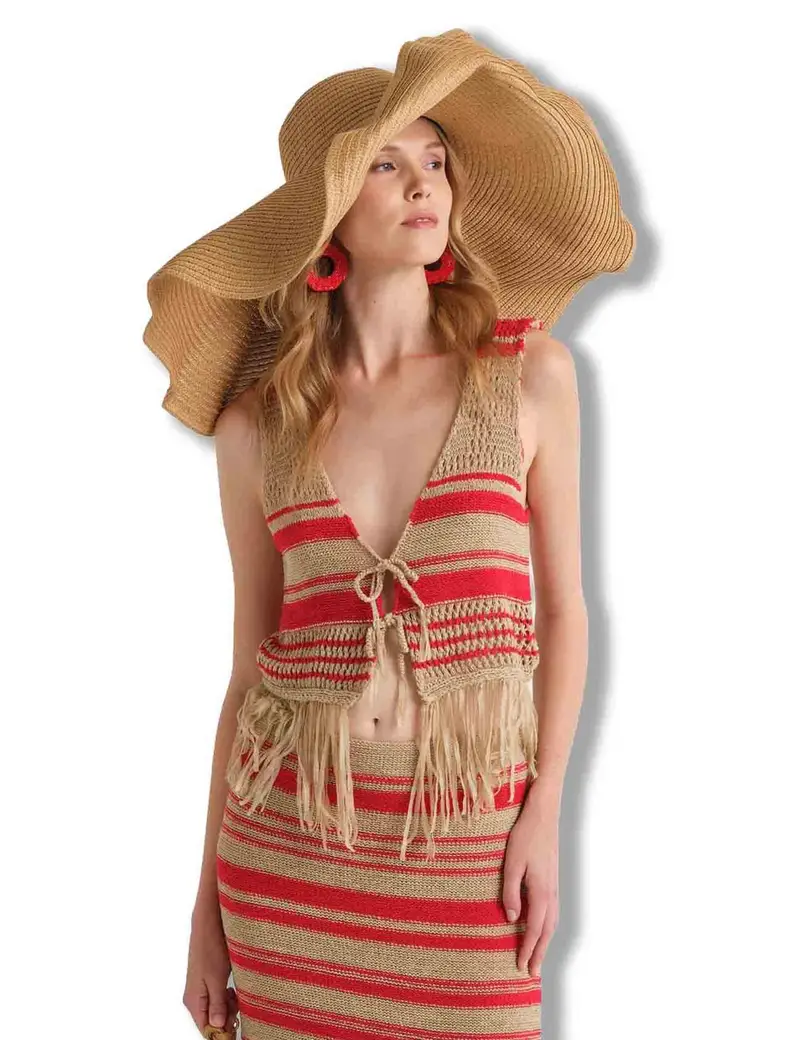 Gilet corto Knit Tape in tessuto rigato naturale e rosso Donna JE113078214 11B30