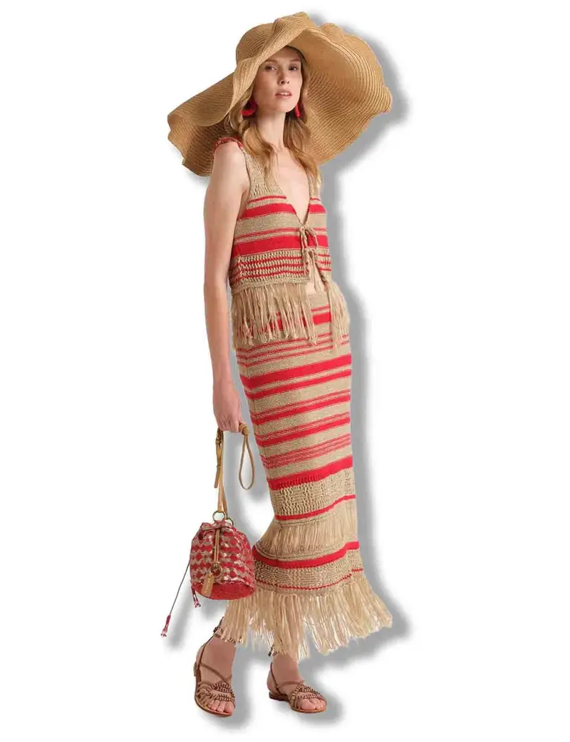 Gonne Knit Tape in tessuto naturale e rosso con frange Donna JG667678214 11B30