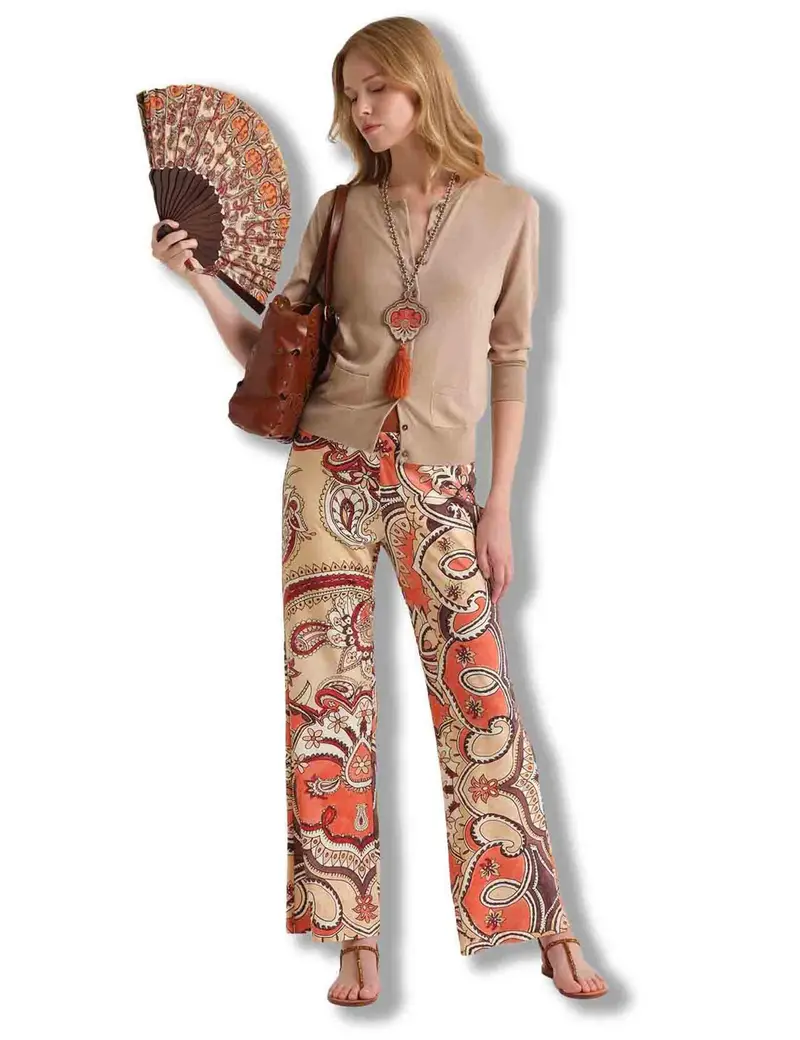 Pantaloni Hippie Lotus in tessuto leggero salmone a fantasia Donna JH400970671 B3107