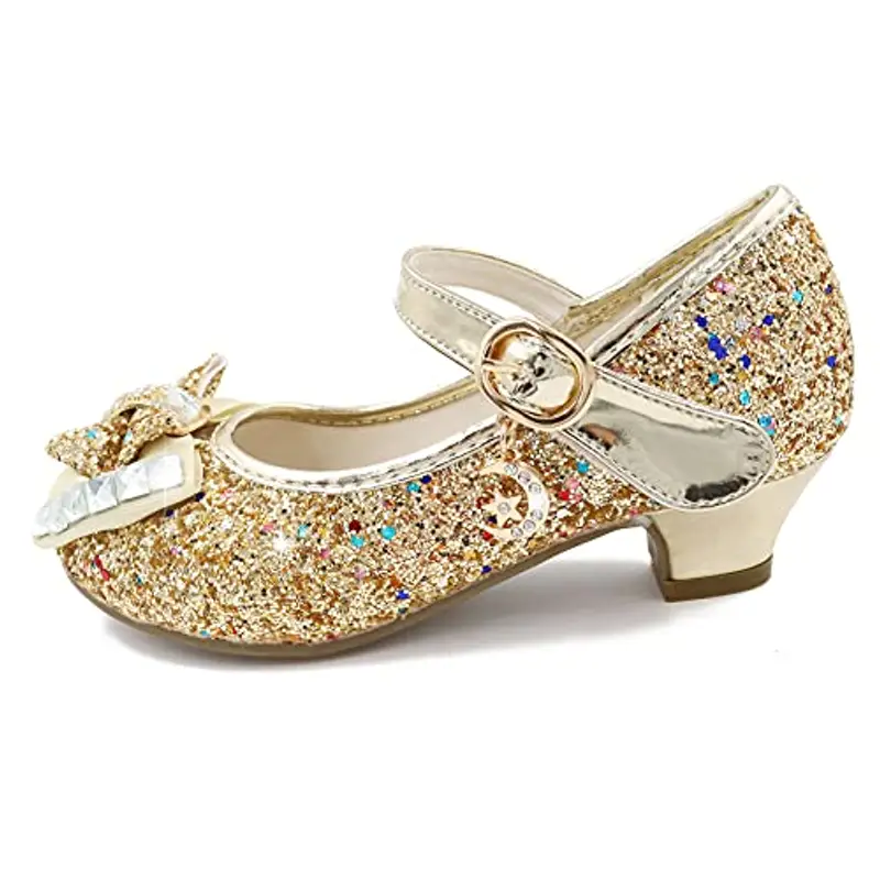 mama stadt Scarpe Principessa Bambina Scarpe Bimba Tacco Scarpe Glitterate Tacchi Ragazza Scarpe Cosplay Principessa con Paillettes Scarpe Eleganti Bambina per Cerimonia Festa, Dorato/ 28 miniatura 2