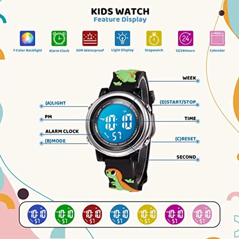 Mamiddle Orologio Digitale per Bambin Orologio Sportivo a Cartoni 3D per Ragazze Ragazzo con Sveglia Data Cronometro LED 3ATM (Nero Dino Volante) miniatura 3