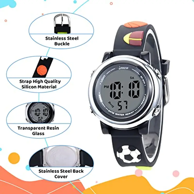 Mamiddle Orologio Digitale per Bambin Orologio Sportivo a Cartoni 3D per Ragazze Ragazzo con Sveglia Data Cronometro LED 3ATM (Palla Nera) miniatura 2