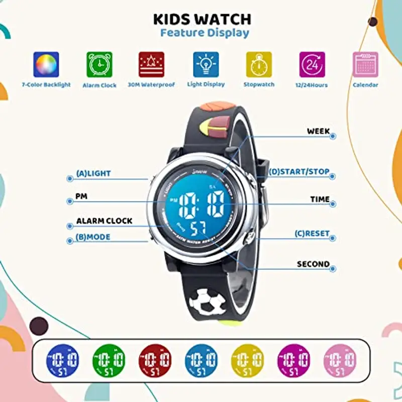 Mamiddle Orologio Digitale per Bambin Orologio Sportivo a Cartoni 3D per Ragazze Ragazzo con Sveglia Data Cronometro LED 3ATM (Palla Nera) miniatura 3