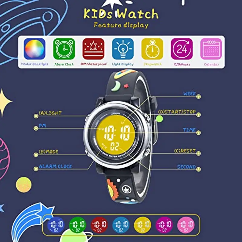 Mamiddle Orologio Digitale per Bambin Orologio Sportivo a Cartoni 3D per Ragazze Ragazzo con Sveglia Data Cronometro LED 3ATM (Universo Nero) miniatura 3
