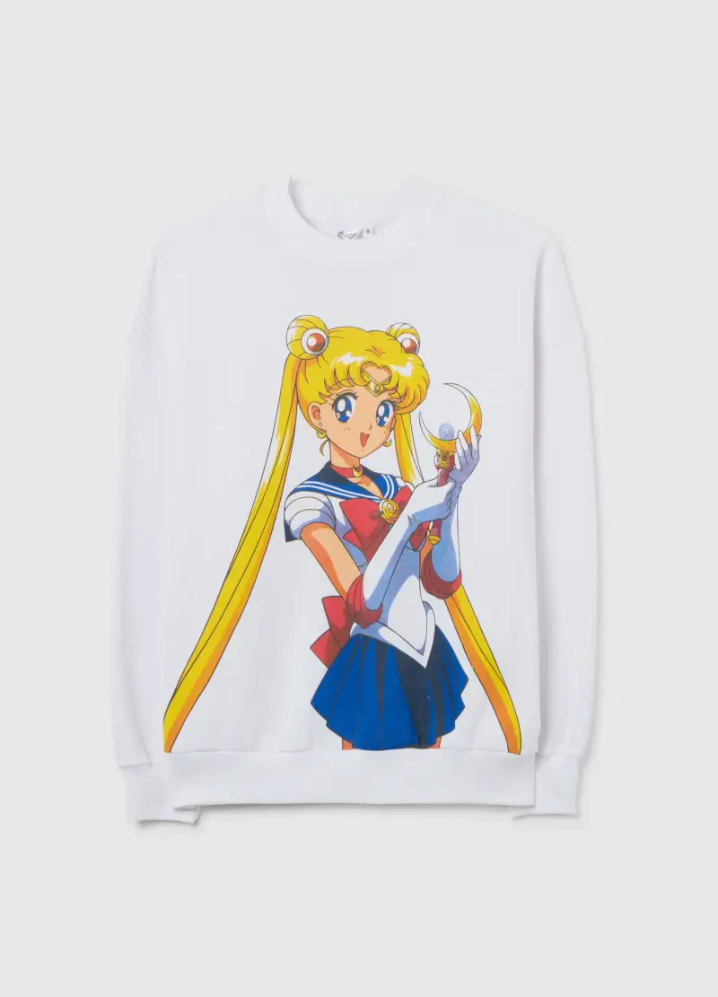 Felpa Da Bambino In Misto Cotone Bianca Regular Fit Con Stampa Sailor Moon, Unisex, Bianco