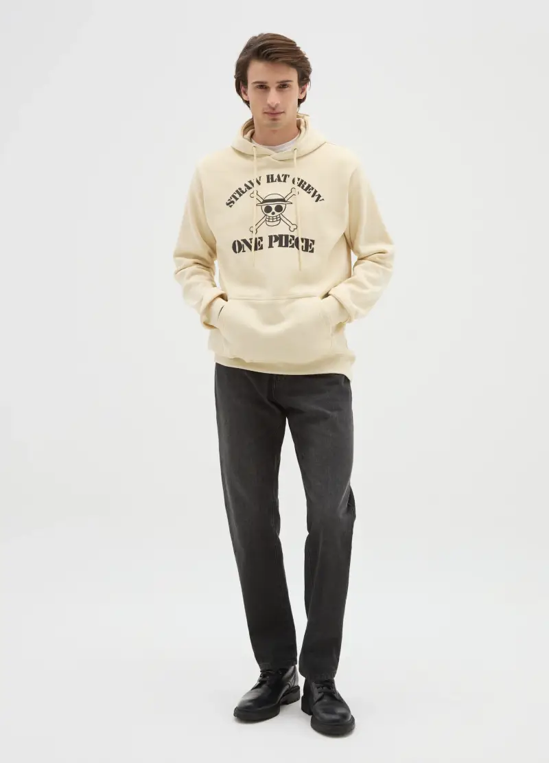 Felpa In Misto Cotone Beige Con Cappuccio Con Stampa One Piece, Uomo, Beige miniatura 2