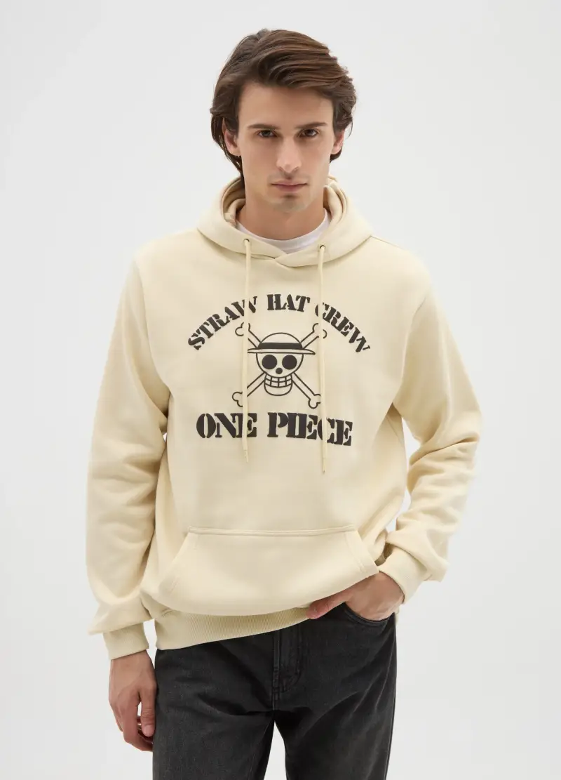 Felpa In Misto Cotone Beige Con Cappuccio Con Stampa One Piece, Uomo, Beige