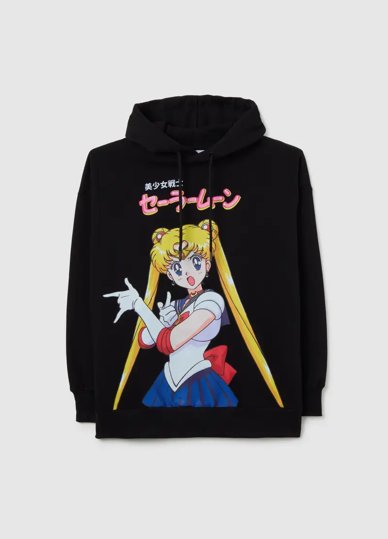 Felpa In Misto Cotone Nera Regular Fit Con Stampa Sailor Moon, Donna, Nero