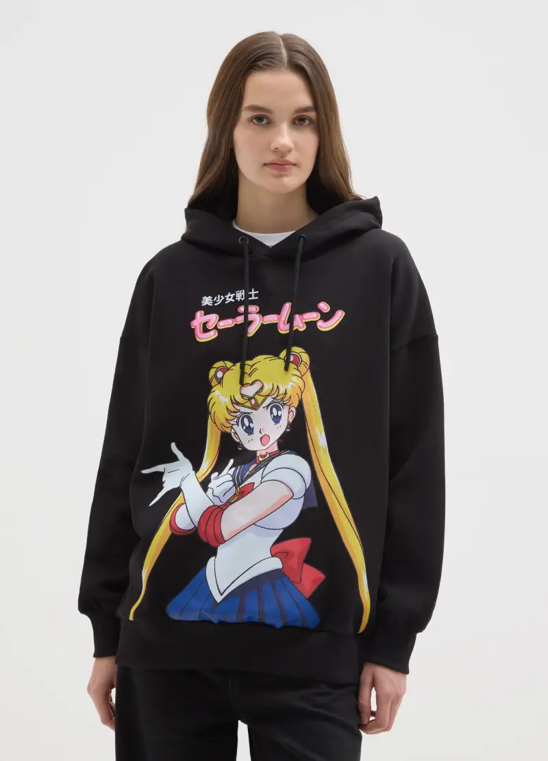 Felpa In Misto Cotone Nera Regular Fit Con Stampa Sailor Moon, Unisex, Nero