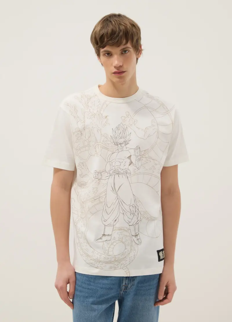 T-shirt In Puro Cotone Beige Regular Fit Con Stampa Dragon Ball, Uomo, Beige