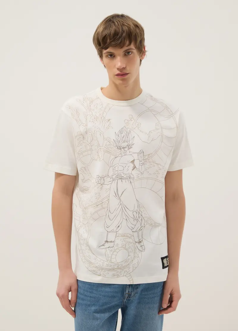 T-shirt In Puro Cotone Beige Regular Fit Con Stampa Dragon Ball, Uomo, Beige
