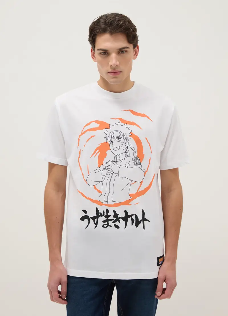 T-shirt In Puro Cotone Bianco Regular Fit Con Stampa Naruto, Uomo, Bianco