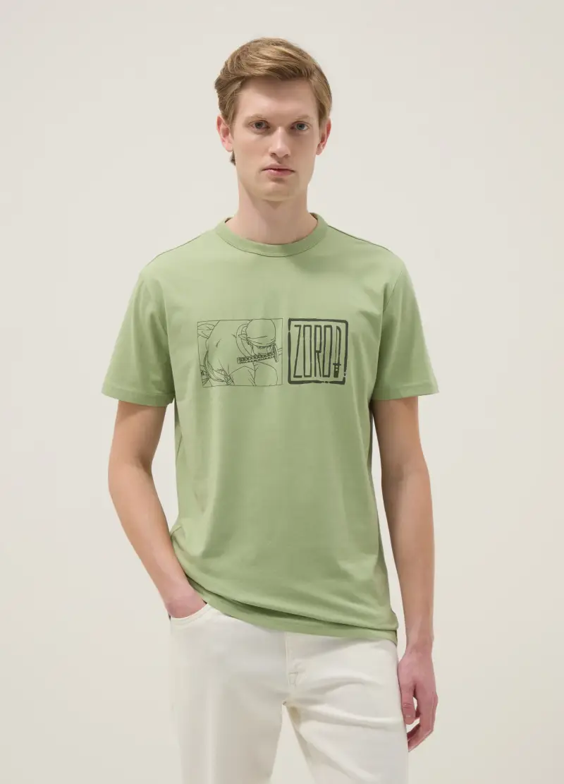 T-shirt In Puro Cotone Verde Con Stampa One Piece, Uomo, Verde