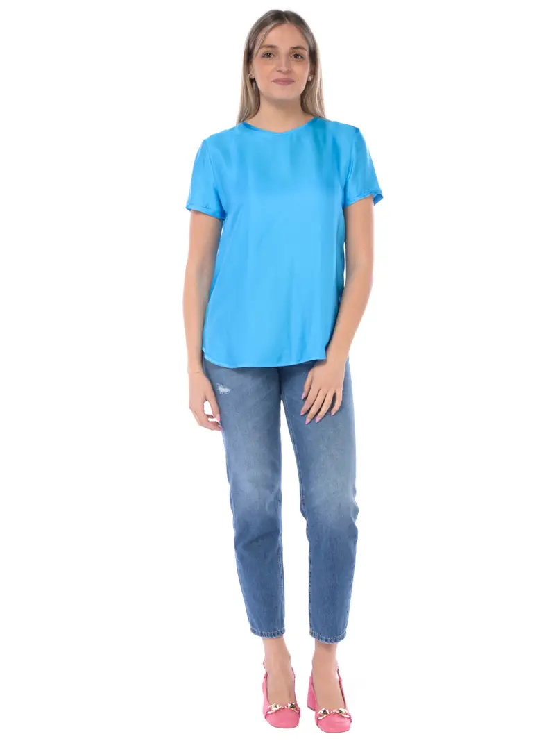 blusa da donna Manila Grace manica corta in viscosa TURCHESE miniatura 2