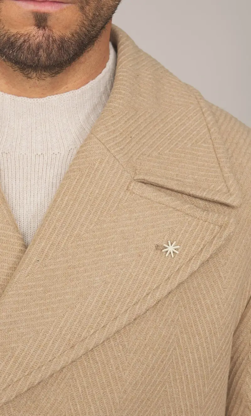 Cappotto doppiopetto spigato manuel ritz con martingala, colore cammello miniatura 2