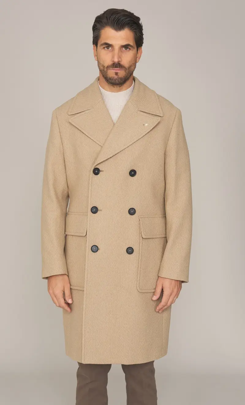 Cappotto doppiopetto spigato manuel ritz con martingala, colore cammello