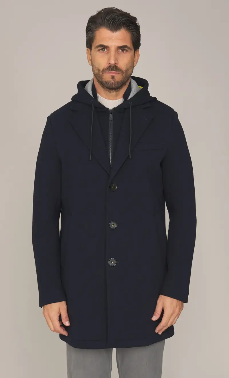 Cappotto manuel ritz con pettorina e cappuccio, colore blu
