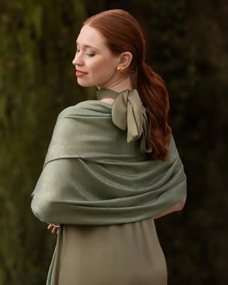 MAPIMANIA - Stola Elegante Donna Verde-Oro per Cerimonia e Matrimonio – Scialle Estivo in Seta 195x90 cm, Coprispalle miniatura 3