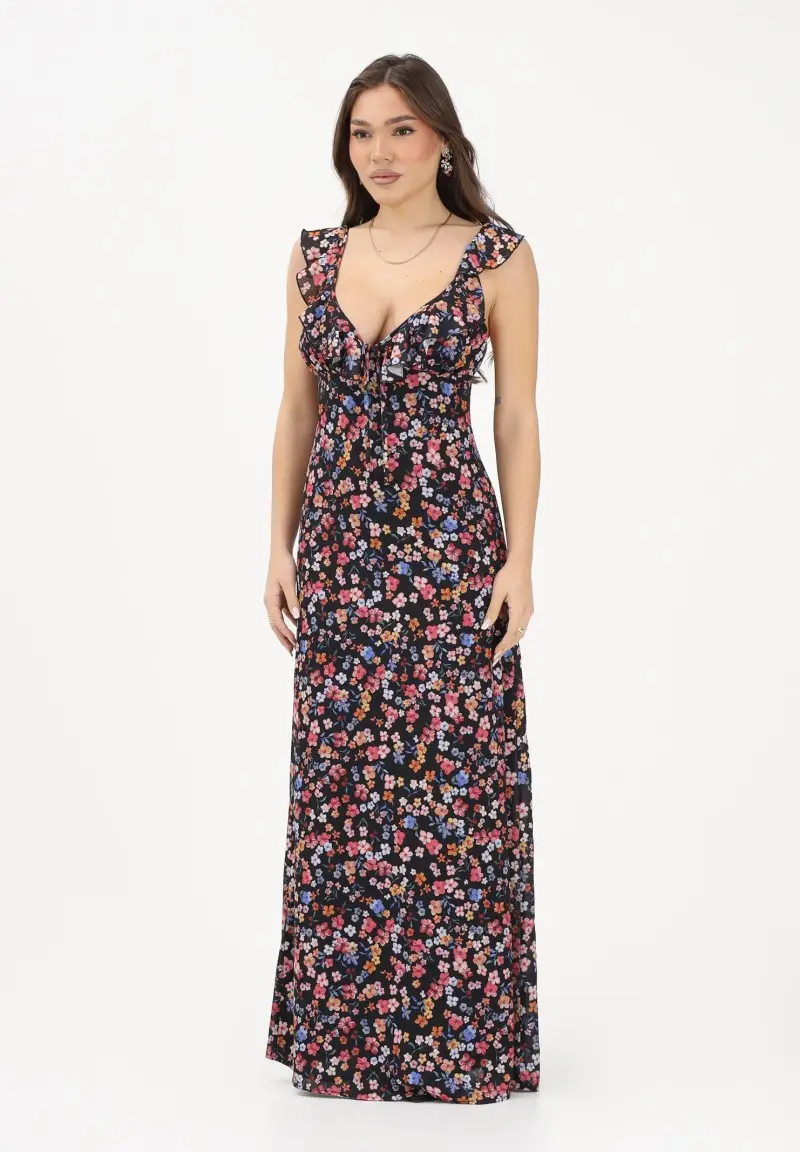 Abito lungo Cecilia nero da donna con stampa floreale