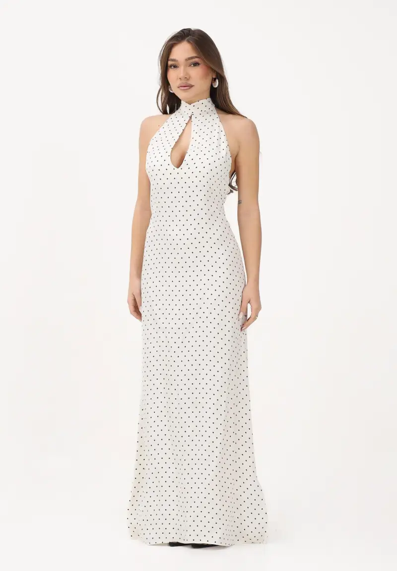 Abito lungo Juliette panna da donna caratterizzato da stampa a pois